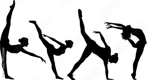 Elegant Female Dancer and Gymnast Silhouettes, Ballet and Acrobat Pose Vector Set