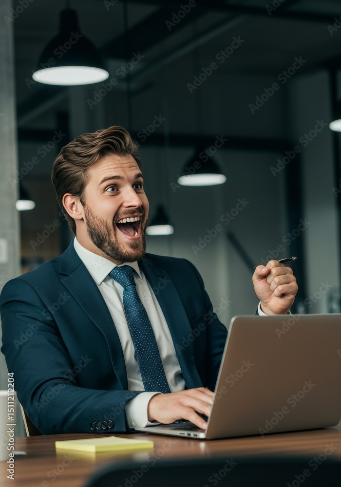 Enthusiastic Businessman Celebrating Success With Laptop In Modern Office Enthusiastic Businessman Celebrating Success With Laptop In Modern Office