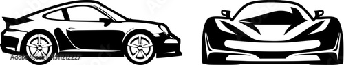 "Silhouette Vector of Sports Cars – Black and White Front and Side Views of Luxury and Supercar Icons for Logos, Stickers, Tuning Graphics, and Automotive Branding"
