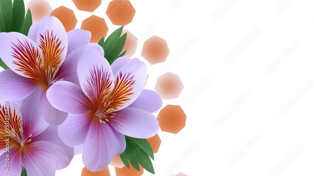 Obraz premium Purple flower with green leaves and orange geometric prisms on simple white background, creating fresh and elegant floral design with modern touch