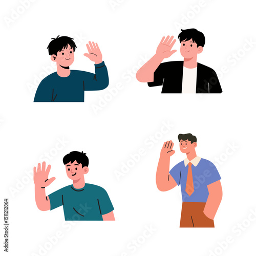 Four Young Men Waving Hello in Cartoon Style