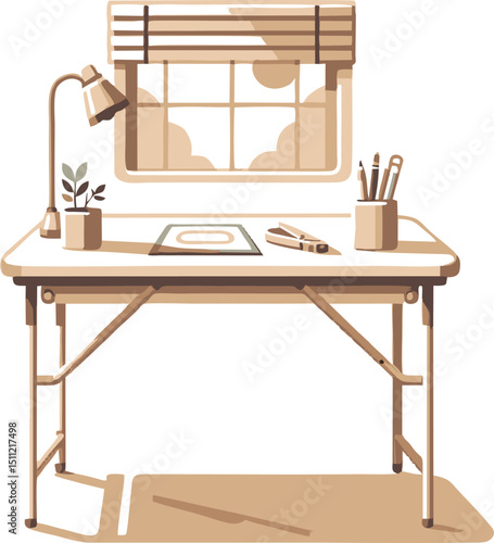 Serene Workspace: Minimalist Desk by Window with Art Supplies