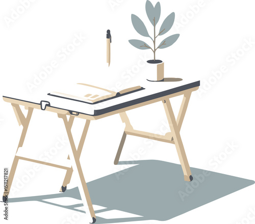 Minimalist Illustration of a Table with Notebook, Pencil, and Plant