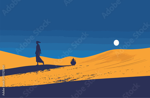 Silhouette of a traveler walking through golden sand dunes at sunset.