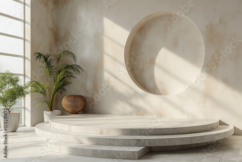 A white room with a large circular wall and a white pedestal