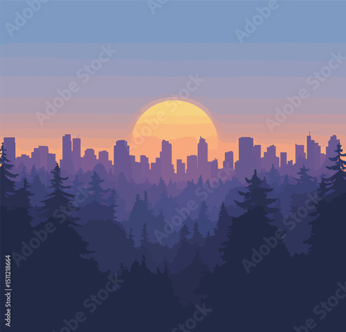 A serene sunset over a city skyline, framed by silhouettes of evergreen trees.