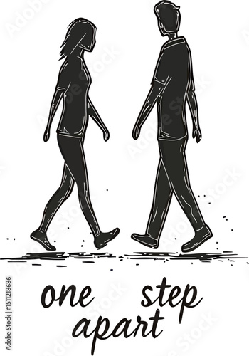 A man's silhouette and a woman's silhouette walking one step apart.