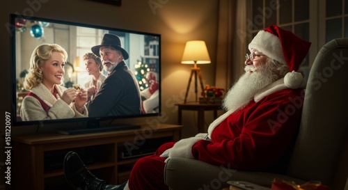 Festive Santa Claus Watching Christmas Movie Home Tv Holiday Celebration