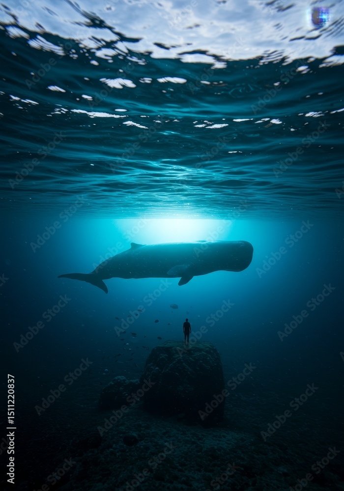Fototapeta premium Realistic Image of Underwater Whale Encounter with a Small Person