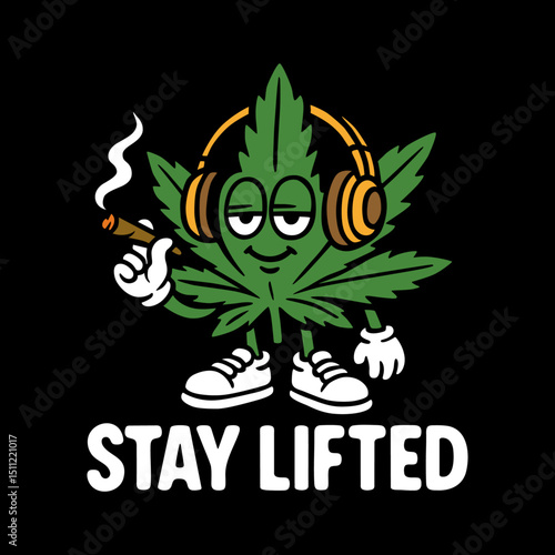 Stay Lifted – Hoja de marihuana con auriculares y cigarro en estilo cartoon groovy