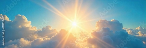 Golden sun rays bursting through fluffy clouds, illuminating a vibrant, clear blue sky A breathtaking natural light scene perfect for backgrounds or design elements , shining, backdrop
