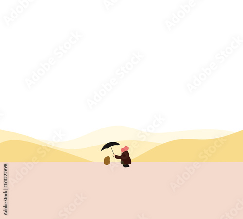 Girl in pink hat holding umbrella protect little stray cat on minimal mountain background creating a warm and caring atmosphere.