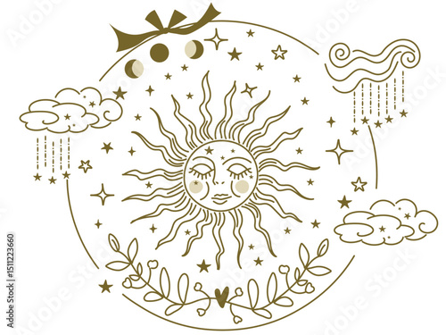 太陽と天体モチーフのエンブレム（線と塗り以外は透過性のラインアート）