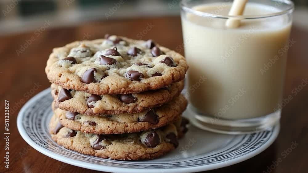 Close up shot of a stack of chocolate chip cookies on a white plate next to a glass of milk. The milk is being poured. Close up shot of a stack of chocolate chip cookies on a white plate next to a glass of milk. The milk is being poured.