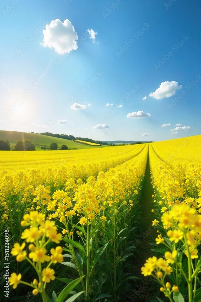 Obraz premium Golden canola fields bathed in the warm summer sun, vibrant yellow blossoms stretching to the horizon under a clear blue sky A picturesque scene of idyllic rural beauty , vibrant yellow, agriculture