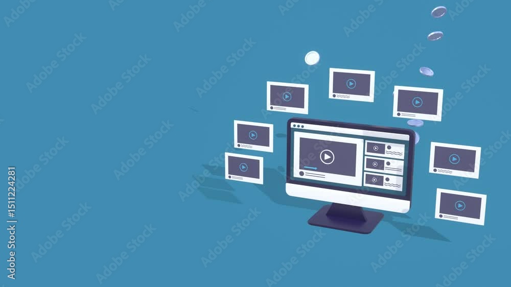 Video Monetization Concepts With Copy Space For Text, An Animated Computer Monitor Displaying Multiple Videos While Coins Fly Upward, Illustrating The Concept Of Earning Revenue From Online Video. Video Monetization Concepts With Copy Space For Text, An Animated Computer Monitor Displaying Multiple Videos While Coins Fly Upward, Illustrating The Concept Of Earning Revenue From Online Video.