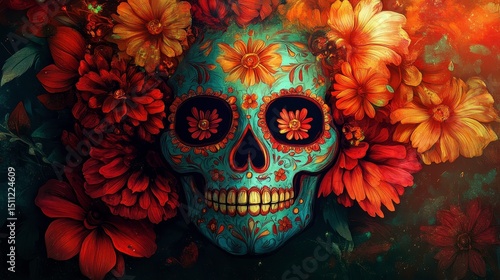 Sugar Skull  Floral Design  Day of the Dead  Autumn Flowers