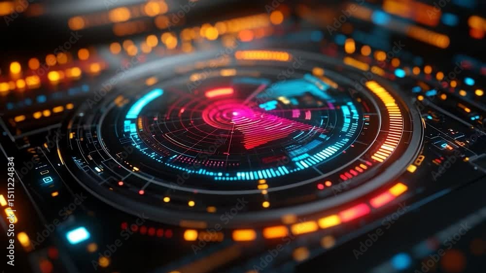 Close-up of a futuristic digital interface featuring glowing neon rings lines and dots. A central circular element dominates with vibrant colors and a dark background. Close-up of a futuristic digital interface featuring glowing neon rings lines and dots. A central circular element dominates with vibrant colors and a dark background.