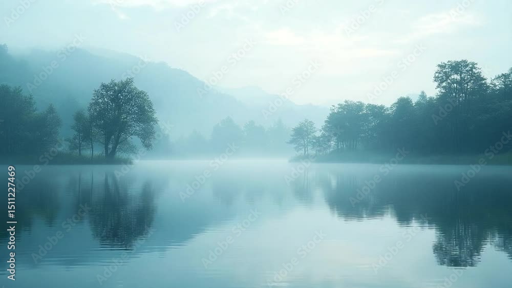 Tranquil waterscape featuring a serene lake reflecting trees shrouded in mist and distant mountains under a pale sky. The calm atmosphere is emphasized by soft colors. Tranquil waterscape featuring a serene lake reflecting trees shrouded in mist and distant mountains under a pale sky. The calm atmosphere is emphasized by soft colors.