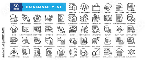 50 Data Management icon set. Containing design technology, data, business, digital, information, management	