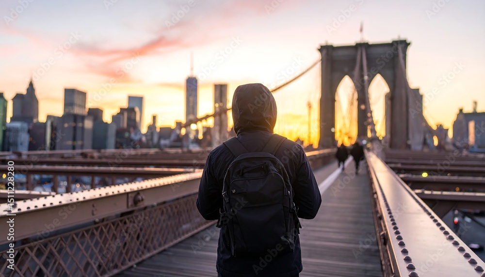 Fototapeta premium A hooded figure with backpack gazes towards the cityscape and golden sunrise on a steel bridge.