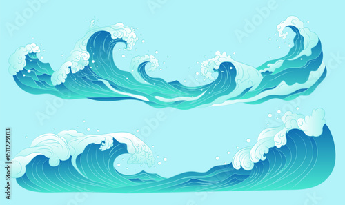 A collection of illustration elements of ocean waves and splashes