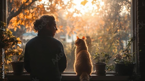 A person and ginger cat sit at window looking at the sunny autumn scene outside with plants. Backlit with golden light.