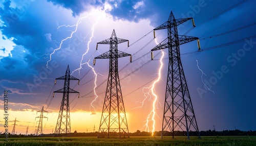 Dramatic Lightning Storm Over High Voltage Power Lines A Stunning Display of Nature's Power
