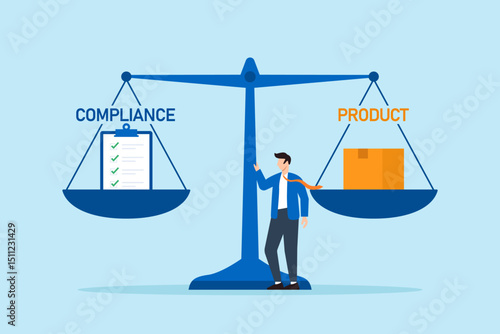 Flat illustration of quality control manager weighing compliance checklist against product symbol on balance scale
