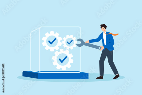 Flat illustration of quality control manager checklist gears inside transparent product to ensure quality flow