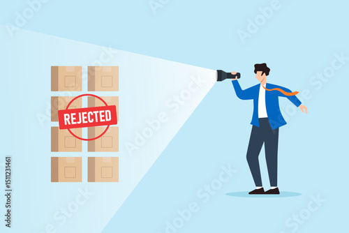 Flat illustration of quality control manager pointing flashlight at rejected products during inspection