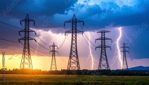 Powerful Lightning Strikes During Sunset Near High-Voltage Power Lines