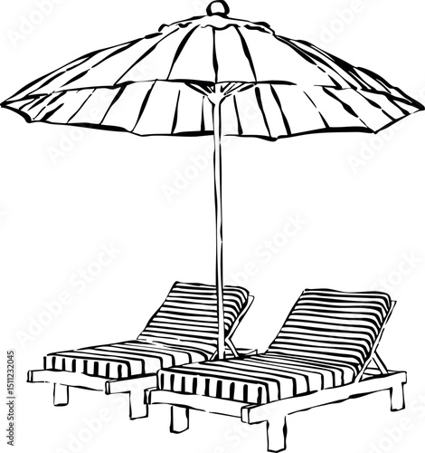 Ilustración vectorial de dos tumbonas con sombrilla. Garabato de sillas de playa. Dibujo a mano de vacaciones en verano. 