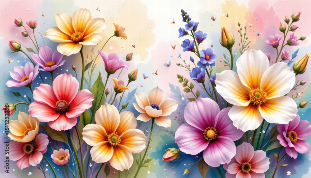 Obraz premium Vibrant spring flowers bloom in colorful arrangement, showcasing variety of petals and hues. scene is filled with joy and beauty, capturing essence of nature renewal