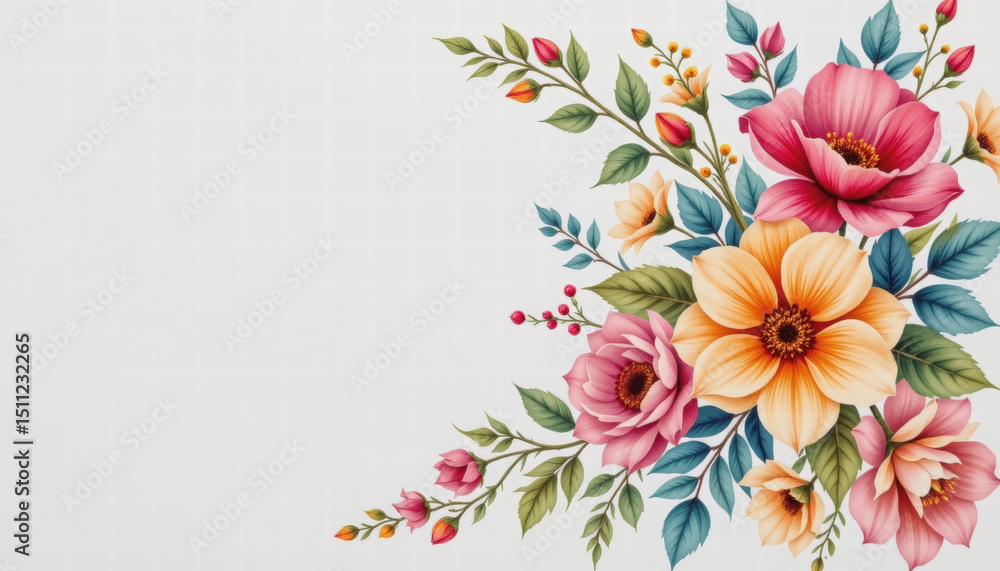 Obraz premium Elegant watercolor floral arrangement featuring vibrant pink, orange, and yellow flowers with lush green leaves, creating cheerful and inviting atmosphere