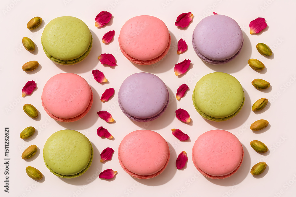 Obraz premium Colorful Vegan Macarons Flat Lay – Pistachio, Rose, Lavender Pastels