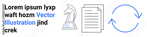 Chess knight next to documents and circular arrows, symbolizing strategy, documentation, and iterative process. Ideal for teamwork, project planning, workflows, updates, analysis simple landing page