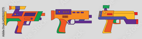Set collection of laser gun blaster future weapon in neon colors icon clipart avatar logotype isolated illustration