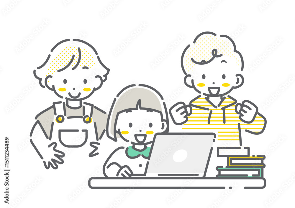 インターネットを使って楽しく学ぶ子どもたち シンプルでかわいい線画イラスト インターネットを使って楽しく学ぶ子どもたち シンプルでかわいい線画イラスト