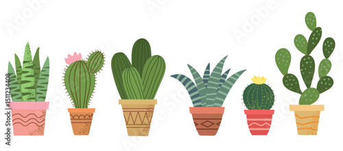 Set collection of cacti and succulents in flowerpots icon clipart logotype isolated illustration