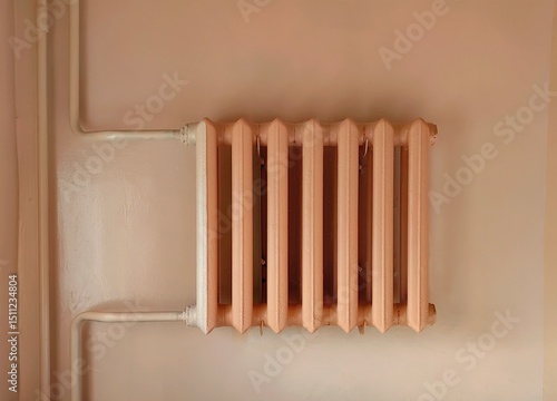 vintage radiator with classic design is mounted on pale wall. its finish adds warm touch to indoor space, emphasizing retro interior decor. close up.