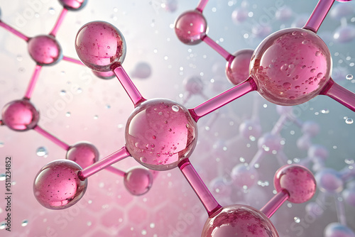 Pink Molecular Structure with Water Droplets – Scientific Chemistry Visualization

