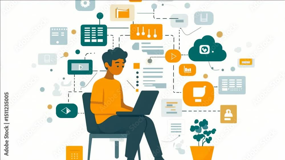 Modern Businessman Navigates Digital Landscape: Data, Clouds, and eCommerce Modern Businessman Navigates Digital Landscape: Data, Clouds, and eCommerce