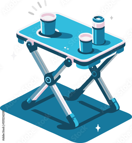 Portable Folding Table with Cup Holders - Isometric Illustration