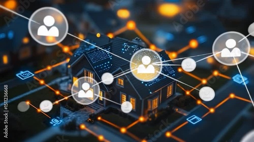 Digital house with glowing network connections and user icons representing smart home technology against a blurred cityscape background.