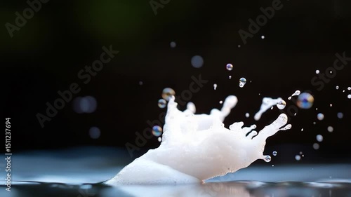 Close-up of white foam erupting from water surface with bubbles floating and dark background creating visual contrast and soft lighting