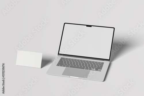 Laptop computer  screen with Business card mockup for your design template. Blank empty credit card mockup. Blank white gift card paper placeholder mockup.
