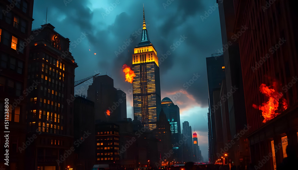 Obraz premium Night City Street View with Skyscraper Illuminated amid Fires under a Dramatic Cloudy Sky