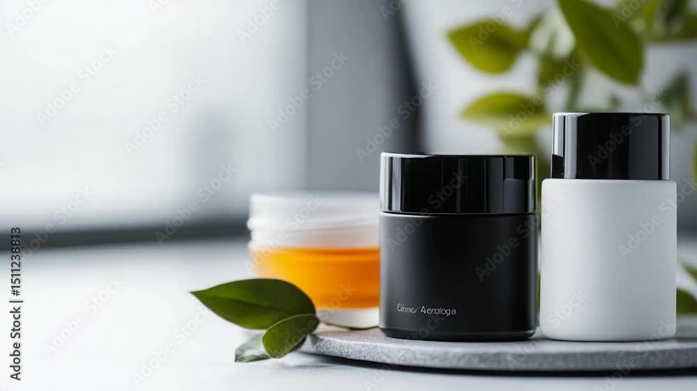 Aesthetic close up of beauty product containers on a white surface. Focus is on a black container with a white and orange container in the background. Green leaves and a blurred background. Aesthetic close up of beauty product containers on a white surface. Focus is on a black container with a white and orange container in the background. Green leaves and a blurred background.