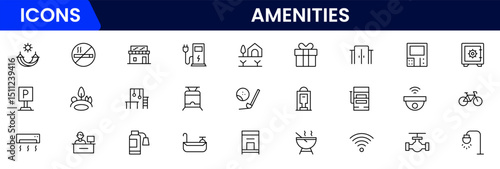 amenities facilities line icons, hotel parking restaurant park swimming pool, Vector illustration